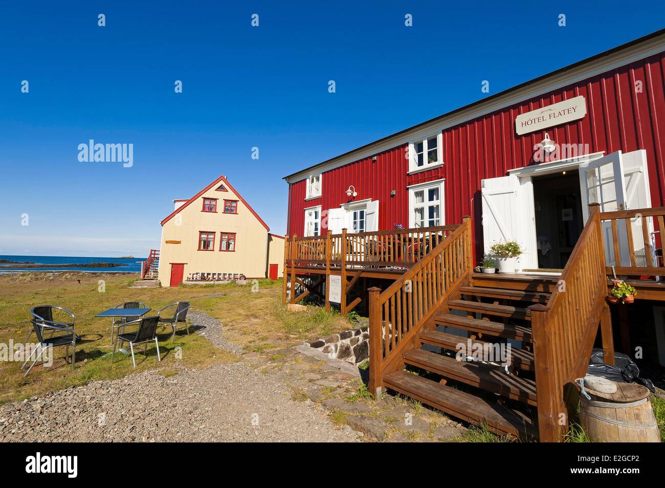 Islands Westfjorde Vestfirðir Region Breidafjördur Bay Flatey Insel The Flatey hotel Stockfoto