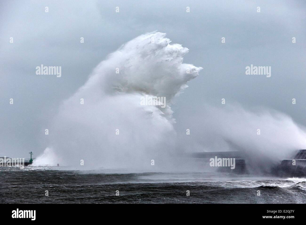 Frankreich Finistere Lesconil große Welle an der Küste bei Sturm Petra 5. Februar 2014 Stockfoto