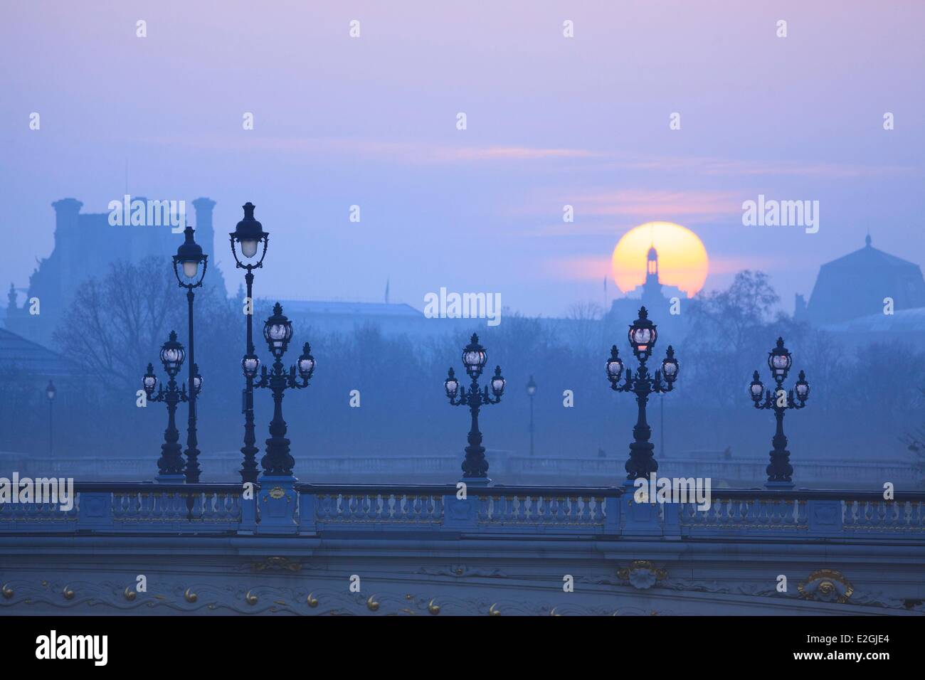 Frankreich Paris Lampen der Brücke Alexander III Stockfoto