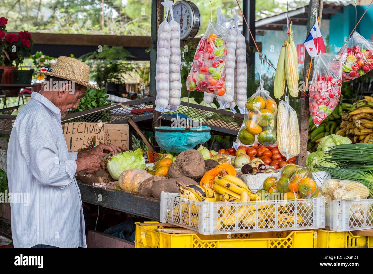 Panama Cocle Provinz Anton talmarkt Stände verkaufen Obst und Gemüse Stockfoto