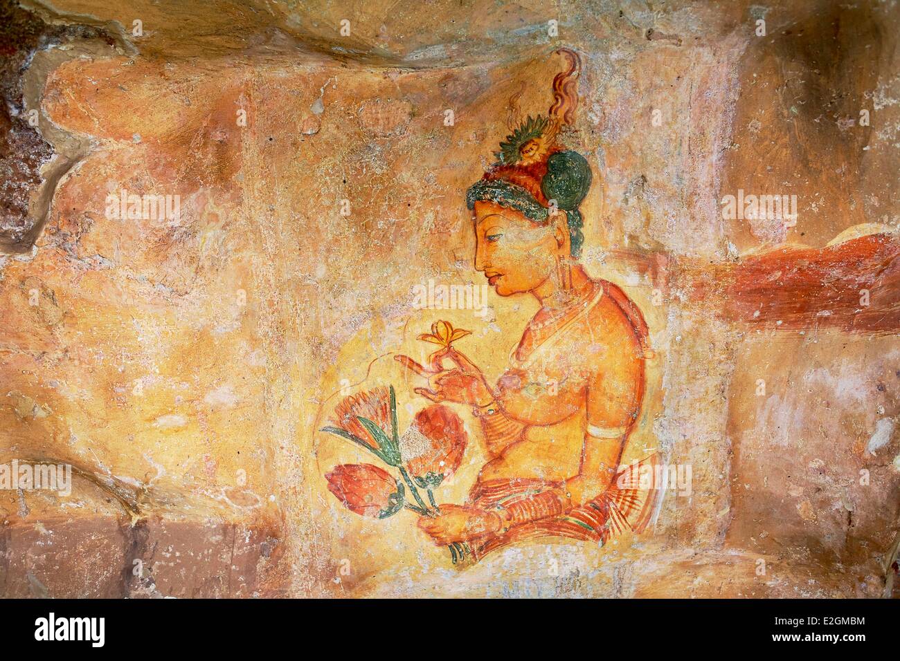 Sri Lanka zentrale Provinz Sigiriya Galerie Lion Rock Rock Weltkulturerbe von UNESCO Fresken Damen von Sigiriya des 5. Jahrhunderts Stockfoto