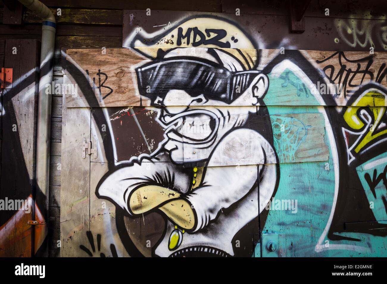 Belgien, Antwerpen Provinz, Doel, Graffiti und Street Art an den Fassaden der verlassenen Häuser Stockfoto