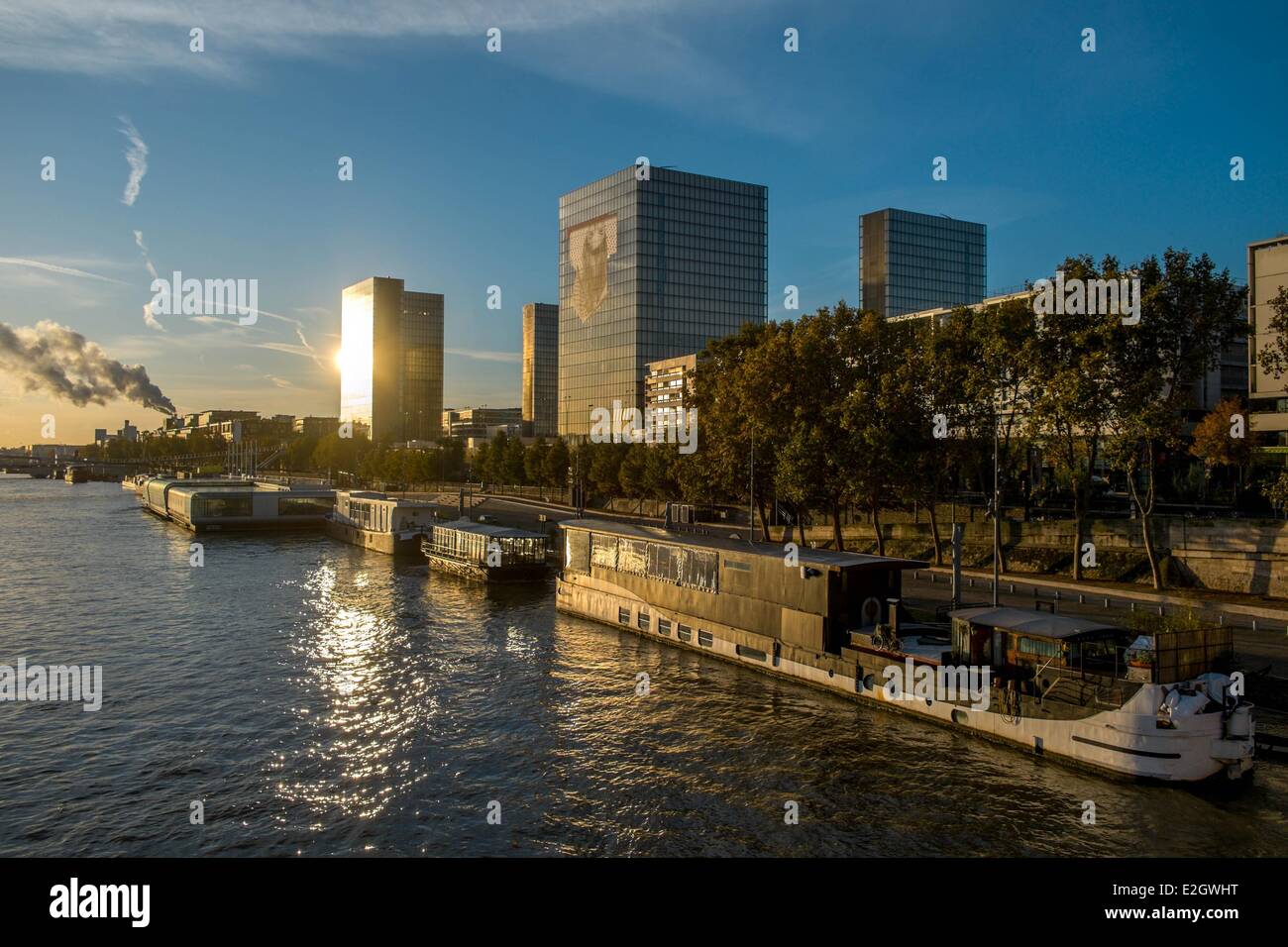 Frankreich Paris Seine Ufer Weltkulturerbe von UNESCO Bibliotheque Nationale de France (Nationalbibliothek Frankreichs) vom Architekten Dominique Perrault und Piscine Josephine Baker Floatting Pool im Vordergrund Stockfoto