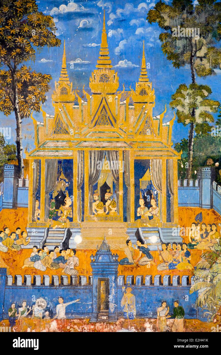 Kambodscha Phnom Penh Royal Palast Fresken der Silber-Pagode illustrieren Szenen Ramayana Stockfoto