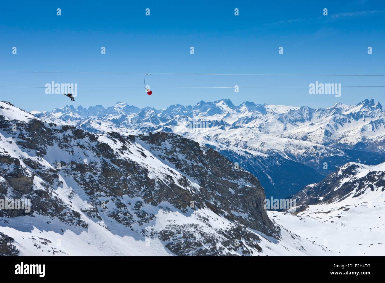 Frankreich Savoie Orelle Val Thorens Trois Vallées Ski Gebiet weltweit höchsten Zipline (1300m lang und 250m hoch) Abfahrt ist auf 3250m Höhe Stockfoto