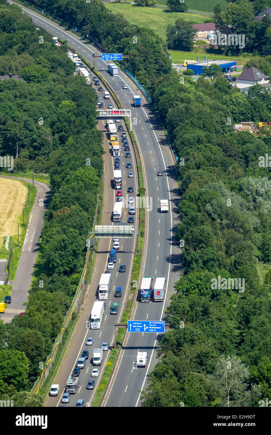 Stau auf der Autobahn A43, Luftbild anzeigen, Recklinghausen, Ruhrgebiet, Nordrhein-Westfalen, Deutschland Stockfoto