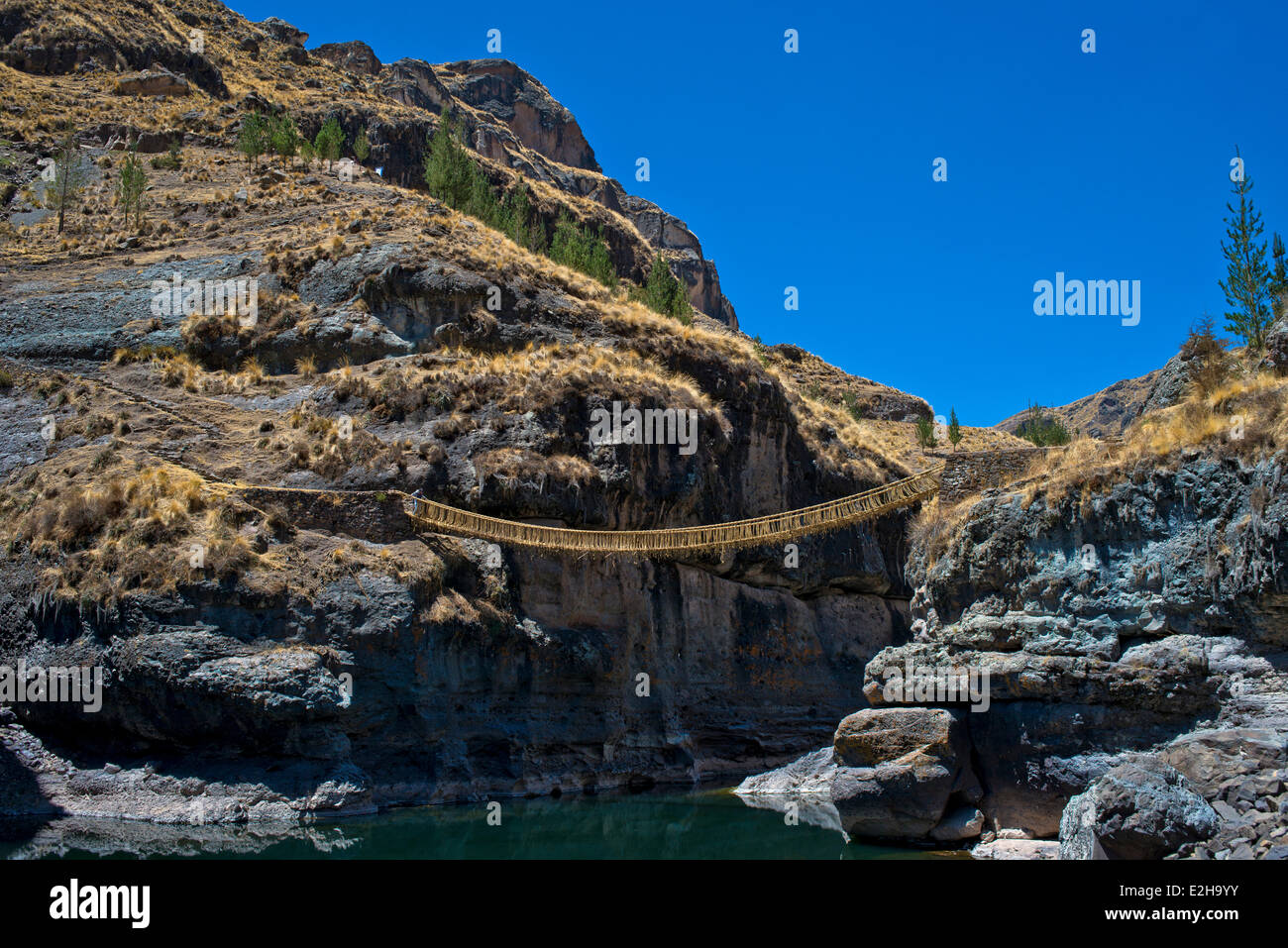 Zuletzt über dem Apurimac, gewebt Qu'eswachaka Hängebrücke, Seilbrücke aus peruanischen Feathergrass (Stipa Ichu), Stockfoto