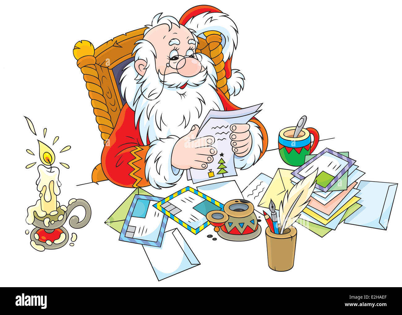 Vater Weihnachten lesen Briefe von Kindern Stockfoto
