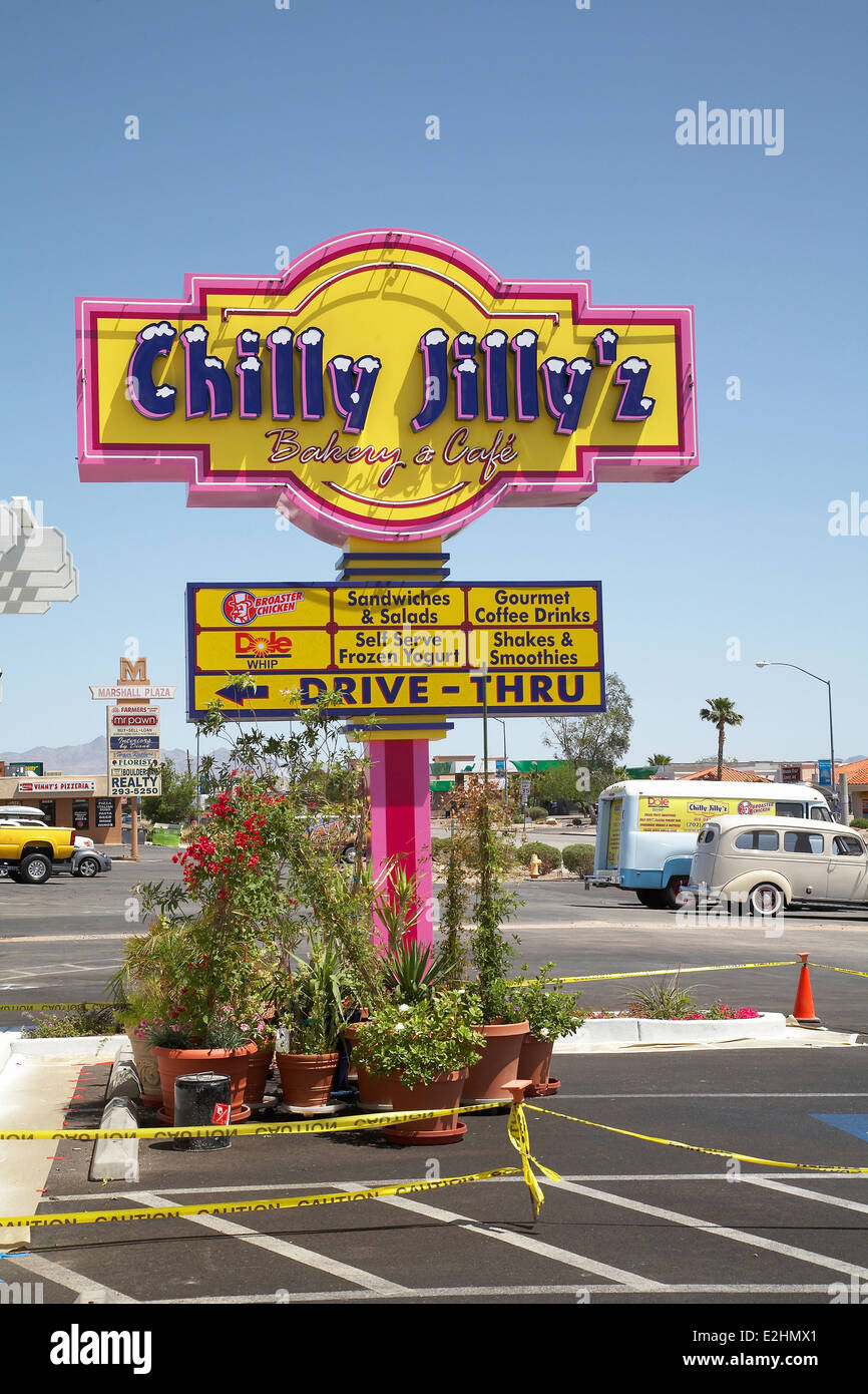 Anmeldung für kühle Jilly'z Cafe-Restaurant, auf Route 93, Boulder City, Nevada, USA Stockfoto