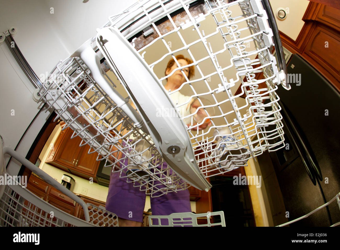 Blick von innen eine Spülmaschine einer Frau Gerichte einfügen Stockfoto