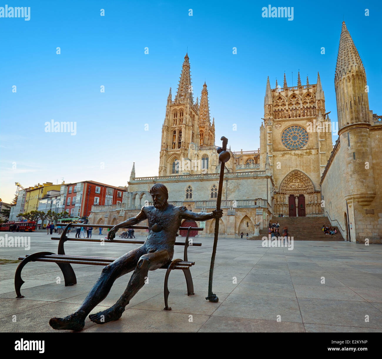 Pilger-Bildhauerei an der Cathedral of Saint Mary von Burgos. Sarmental Fassade. Kastilien und Leon. Spanien Stockfoto