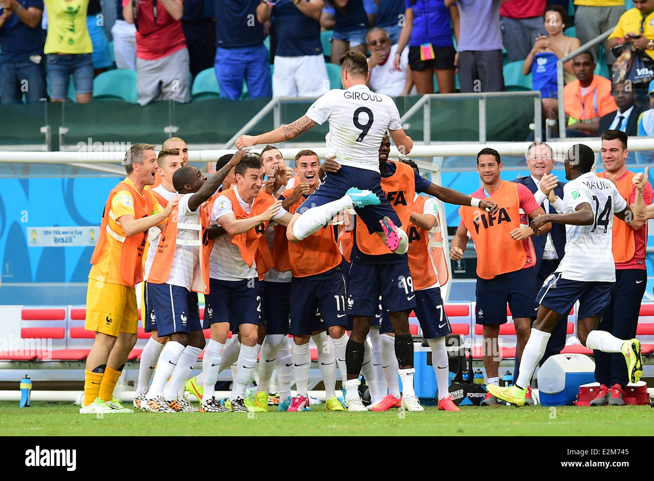 Arena Fonte Nova, Salvador. 20. Juni 2014. Brazilien. Fußball-WM, Vorrunde. Schweiz gegen Frankreich. Feiern für sein Ziel von Olivier Giroud (Fra) Credit: Action Plus Sport/Alamy Live News Stockfoto