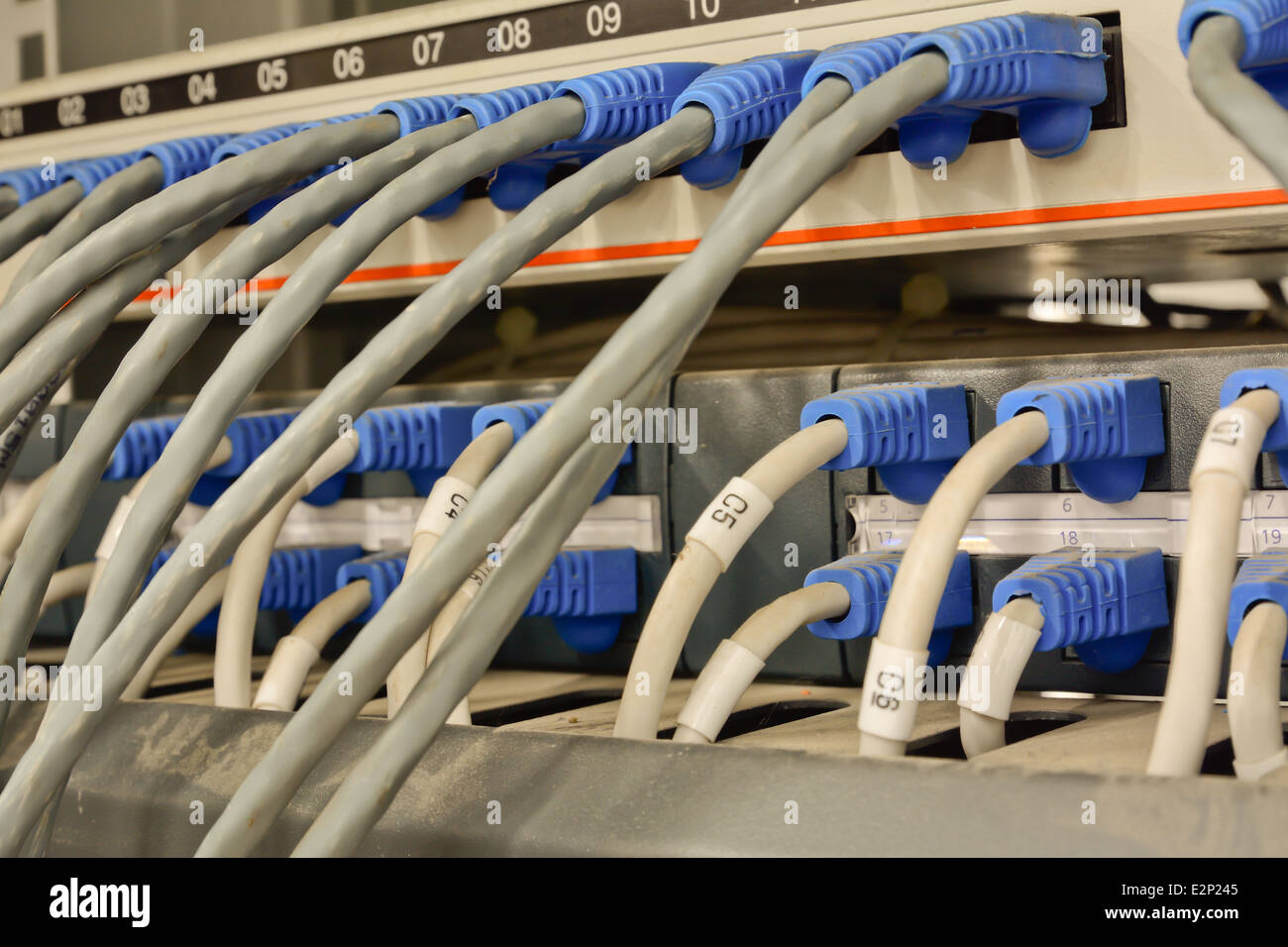 Nahaufnahme von Ethernet-Kabel mit Computer Internetserver mit vielen Staub verbunden; mangelnde Wartung Stockfoto