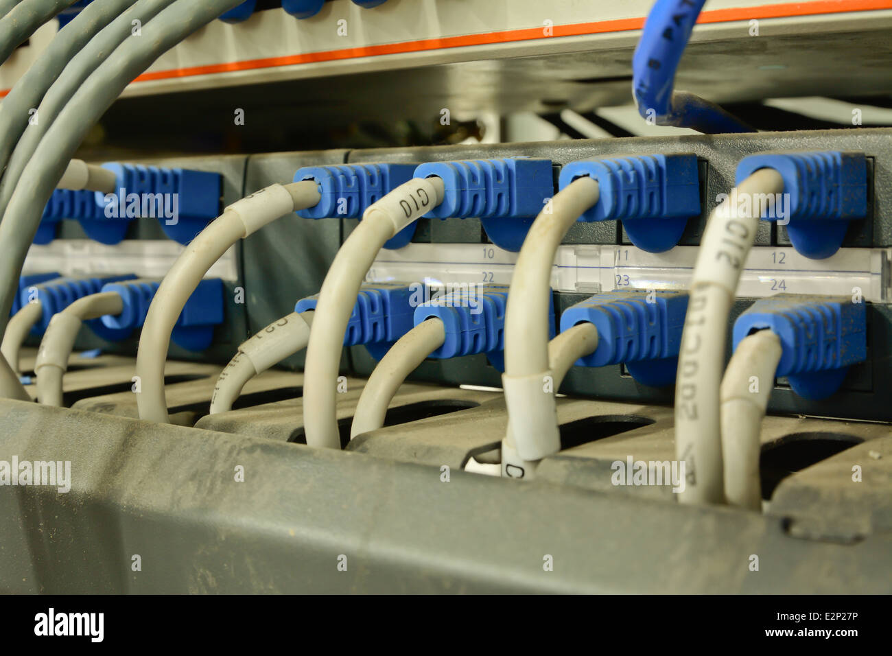 Nahaufnahme von Ethernet-Kabel mit Computer Internetserver mit vielen Staub verbunden; mangelnde Wartung Stockfoto