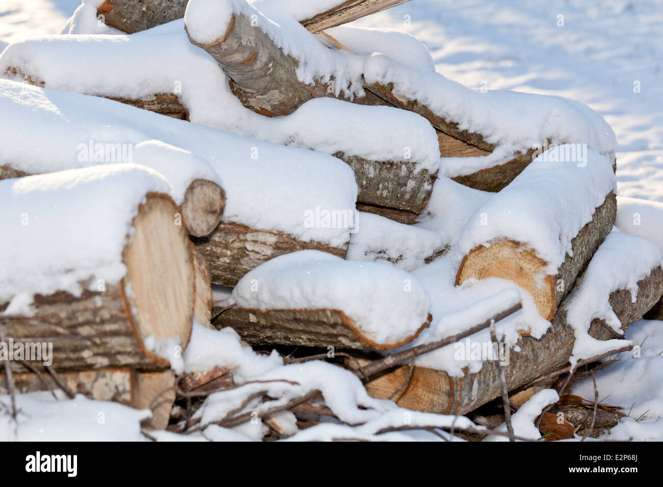 Schneebedeckte Protokolle Stockfoto