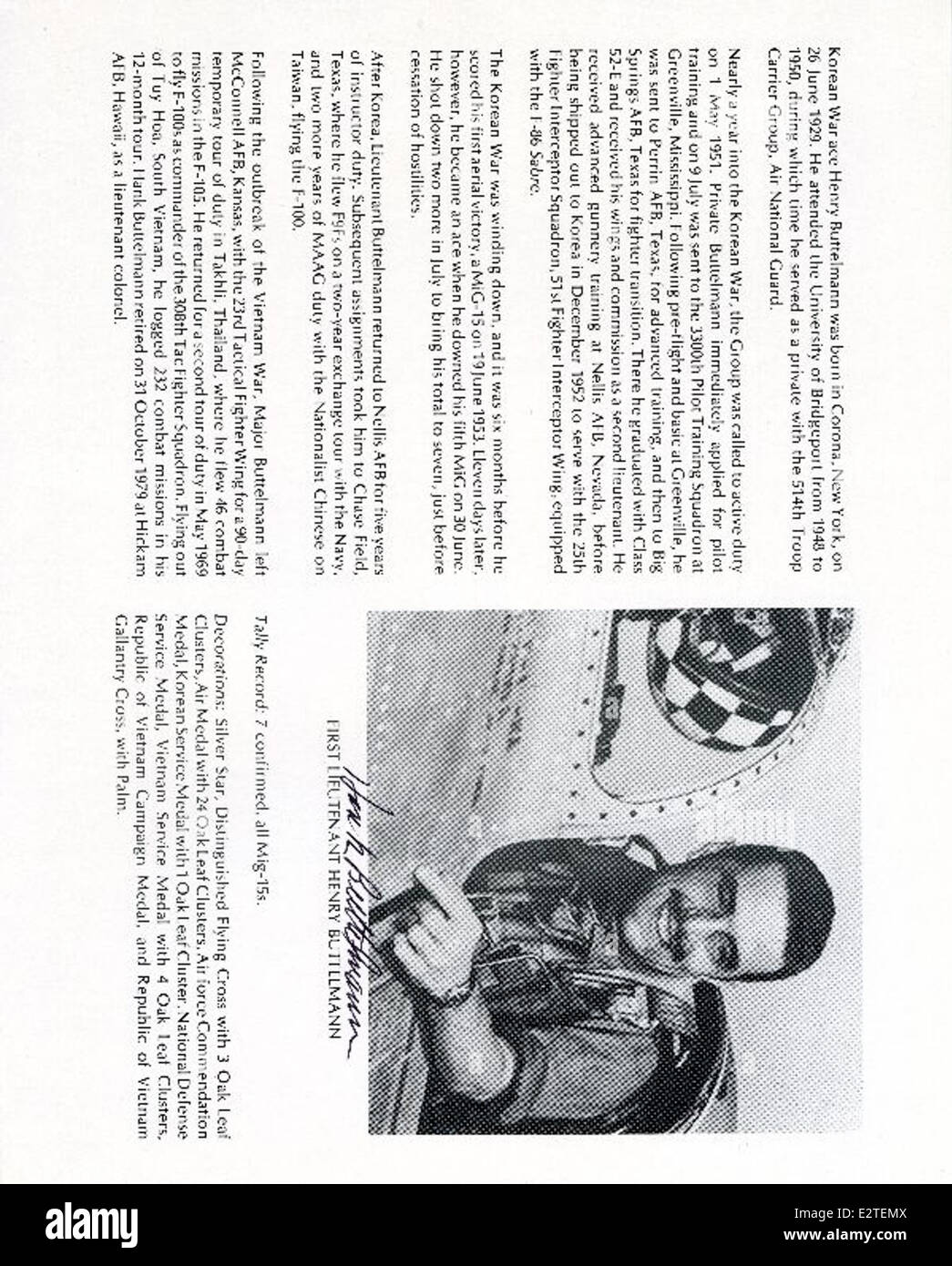 Henry Buttleman war ein Kampfflugzeug der US Air Force während des Koreakrieges, bekannt für seine Luftsiege und seine Kampfkünste. Stockfoto