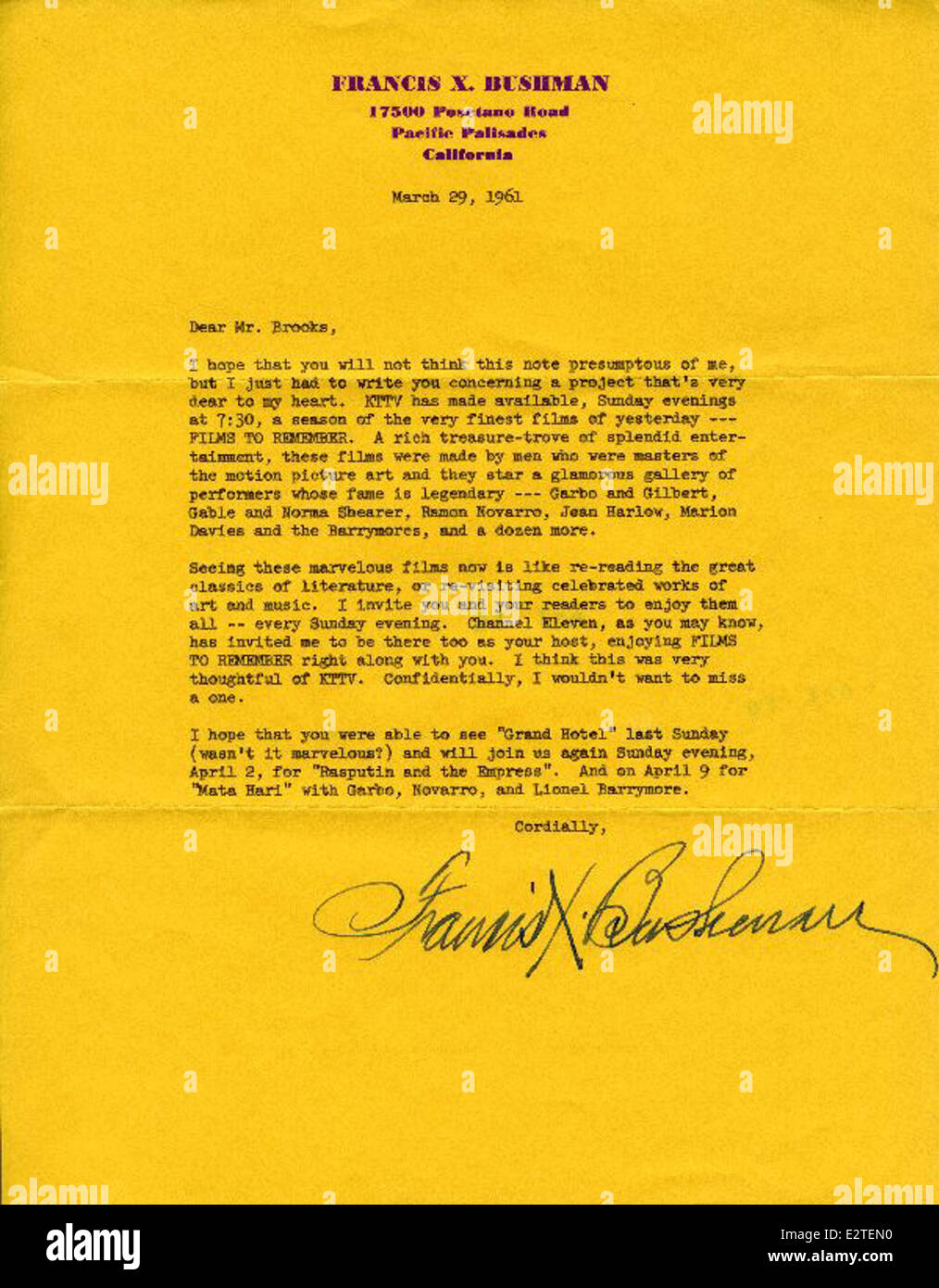 Dieser Artikel aus der AC Bush F.001 Kollektion zeigt ein Autogramm von Francis Bushman, einem berühmten frühen Filmschauspieler, der für seine Rollen in Stummfilmen und seine Pionierarbeit in Hollywood bekannt ist. Bushman war eine bekannte Persönlichkeit in der Unterhaltungsbranche während des frühen 20. Jahrhunderts. Stockfoto