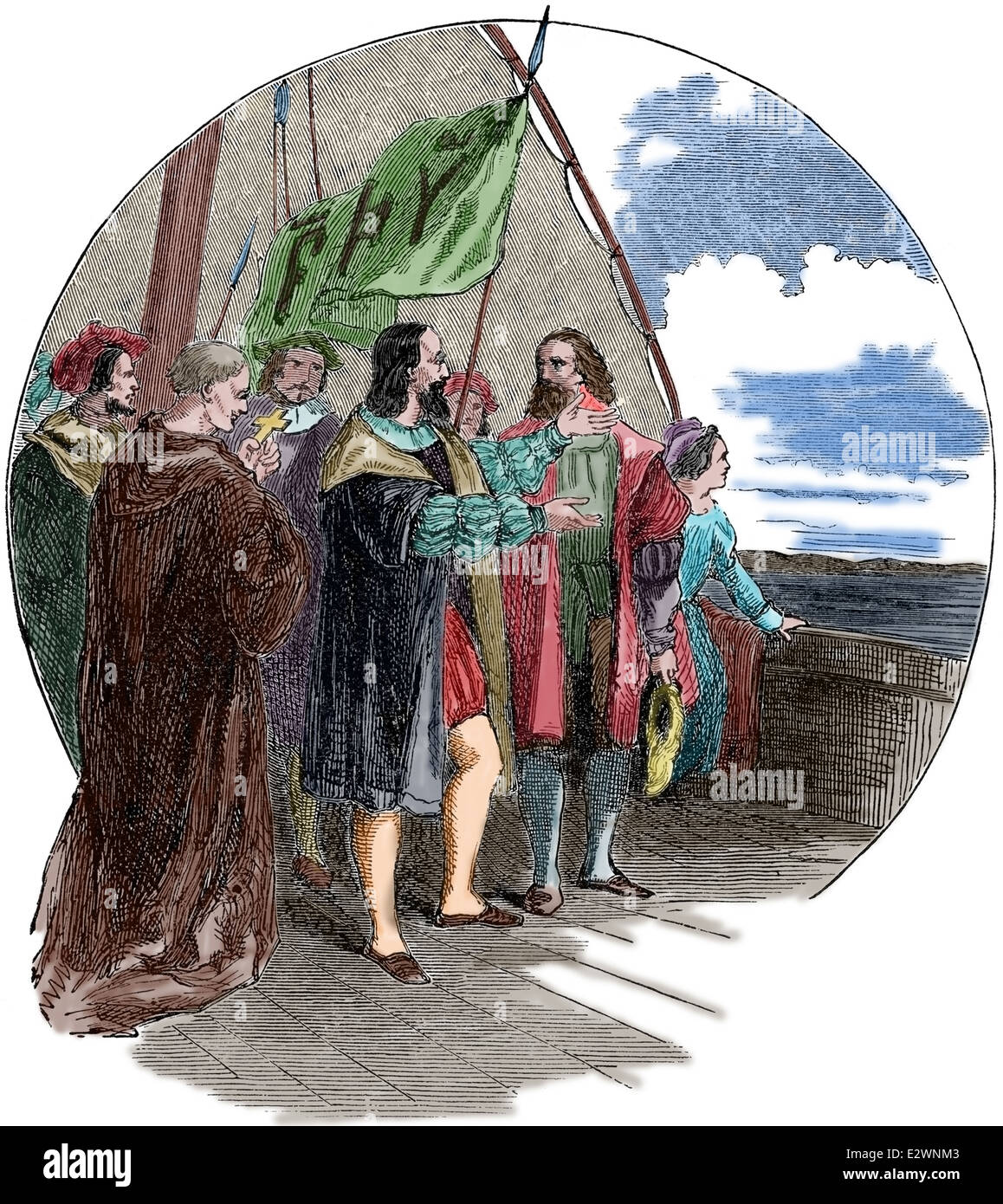 Columbus Land entdecken. Die Inbesitznahme des Landes im Namen von König Ferdinand und Königin Isabela. Gravur. Farbe. Stockfoto