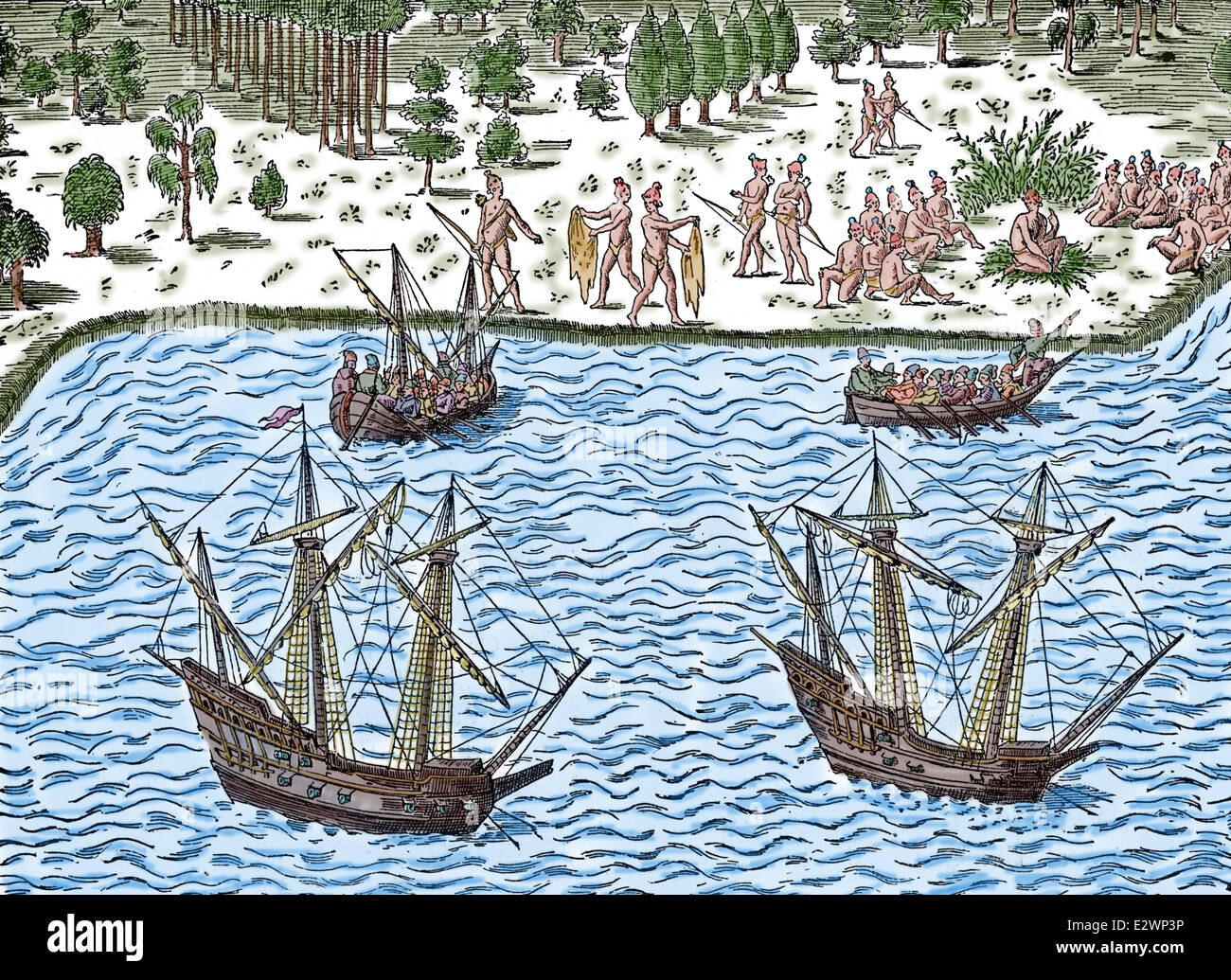 Französischen colonizer.1562 Jean Ribault (1520-1565) führen eine Expedition in die neue Welt. Zweite Vogage. Fort Caroline. Gravur. Stockfoto