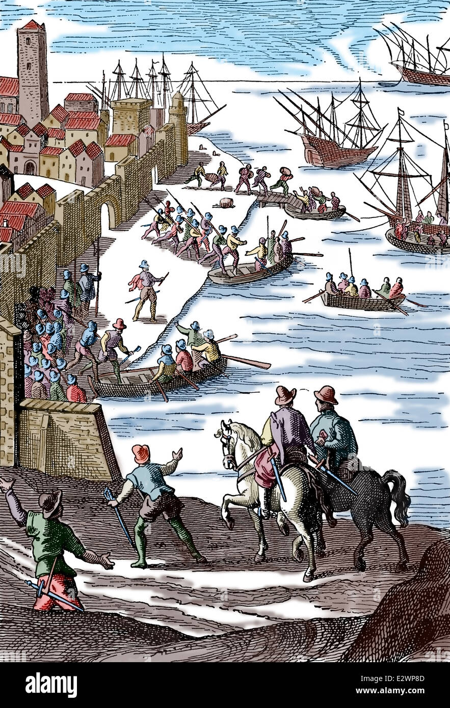 Einschiffung von Christopher Columbus in Palos De La Frontera, Spanien. Gravur. des 19. Jahrhunderts. Spätere Färbung. Stockfoto