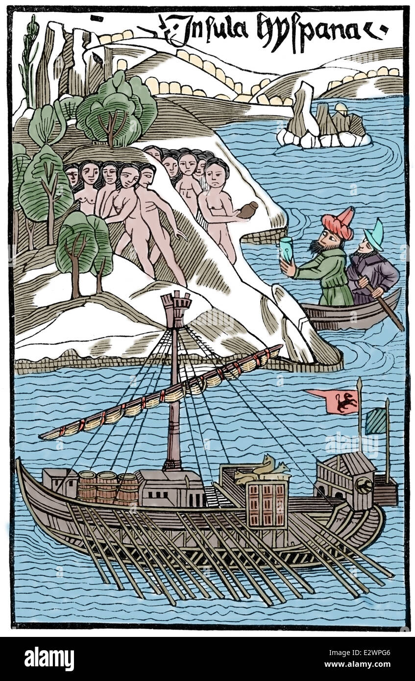 Kolumbus Landung auf Amerika. 15. Jahrhundert. Stockfoto