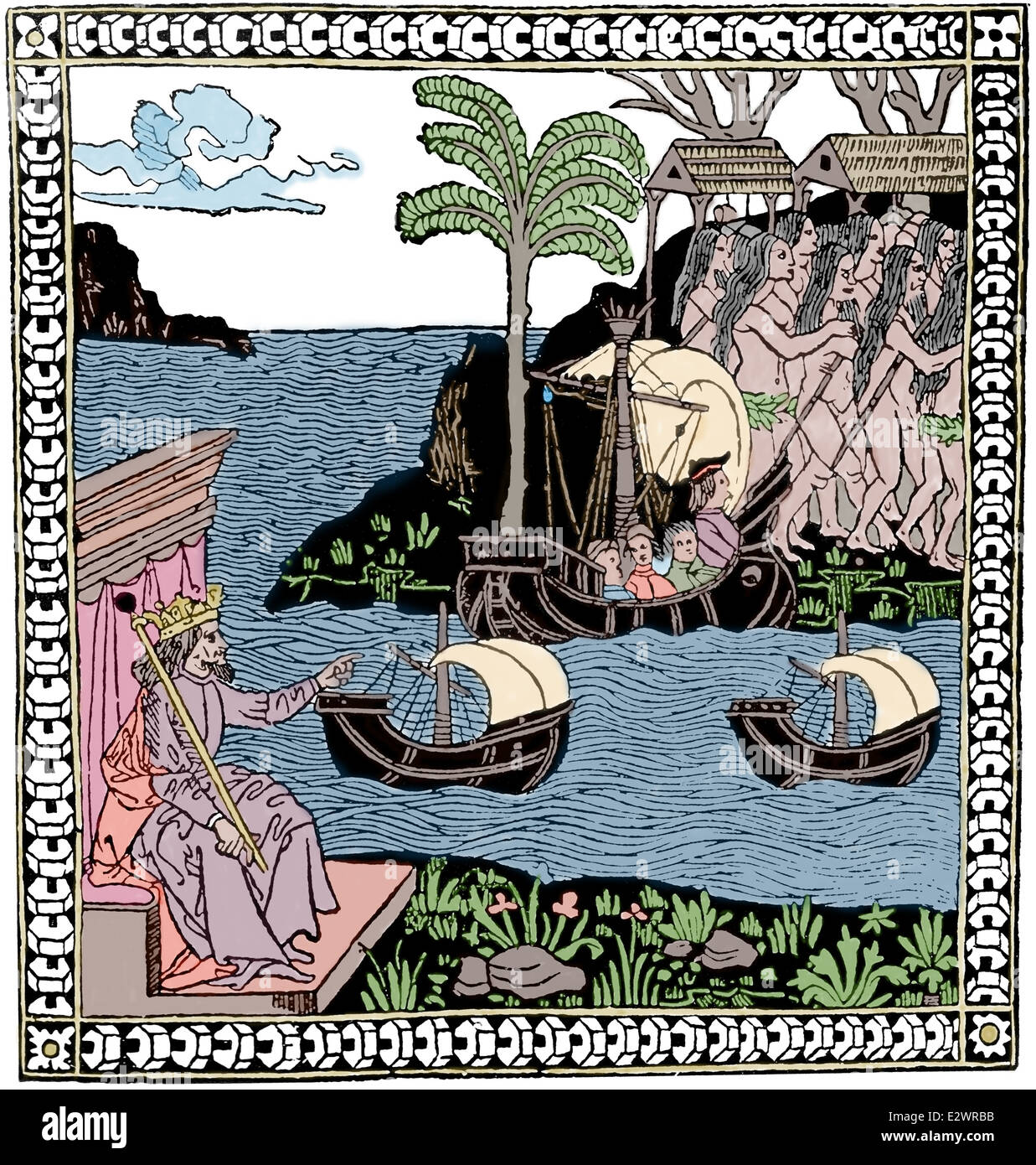 Christopher Columbus (1451-1506) Landung auf Amerika. 15. Jahrhundert. Kupferstich, 19. Jahrhundert. Stockfoto