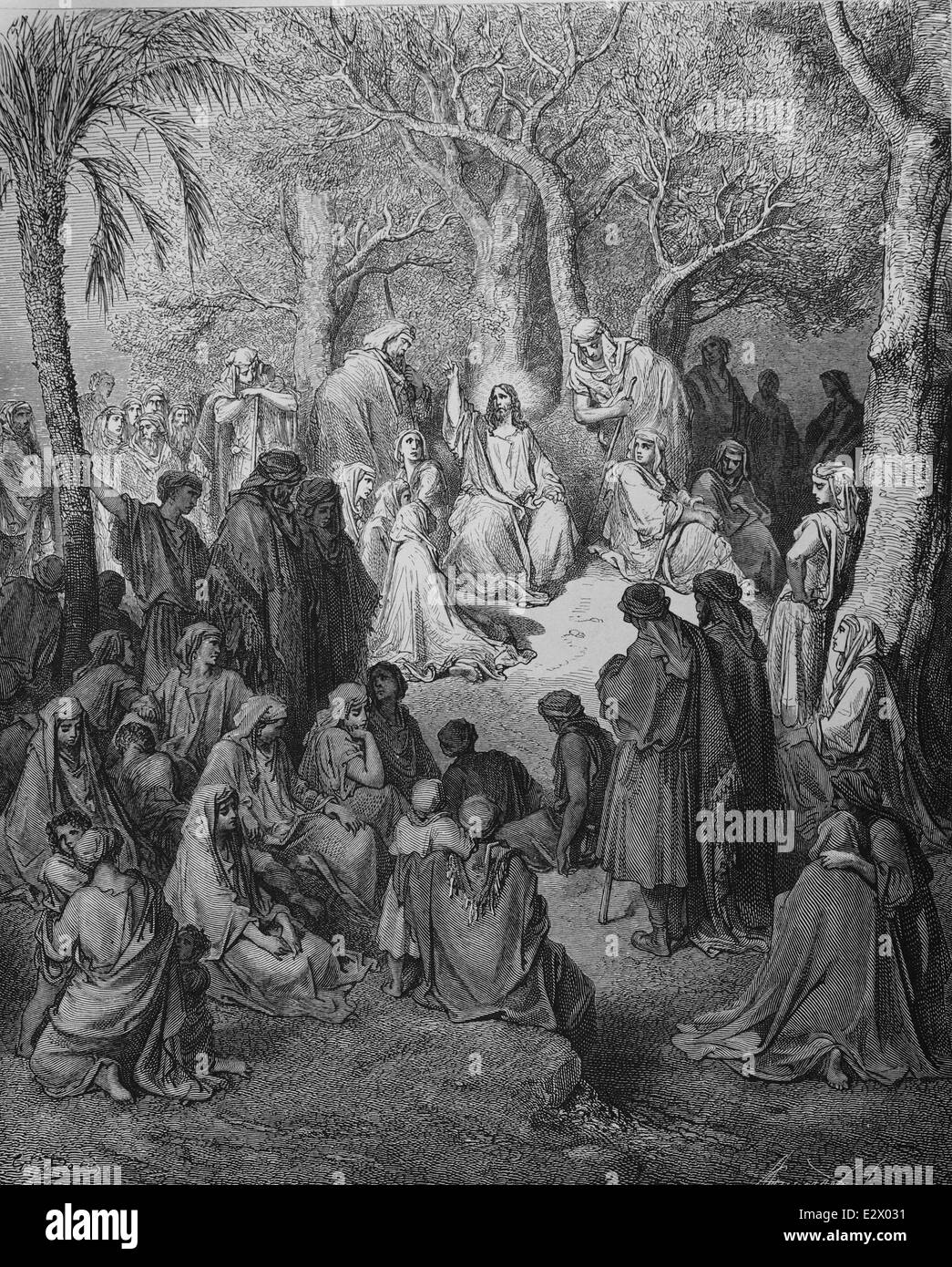Neuen Testaments. Die Bergpredigt. (Matthew 06:28, 29). Zeichnung von Gustave Dore und Kupferstich von Adolphe Gusmand (1821 – 1905). Stockfoto