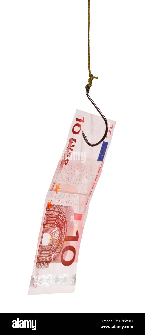 Angeln mit 10 Euro-Banknote locken am Angelhaken isoliert auf weißem Hintergrund Stockfoto