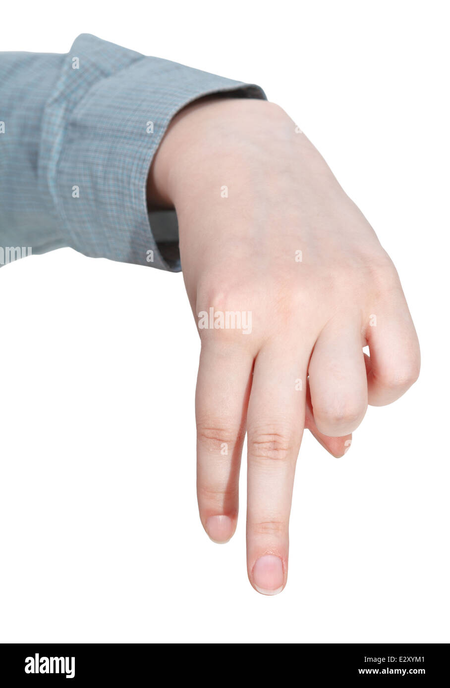 Vorderansicht des Gehens Finger Mann - Hand Geste isolierten auf weißen Hintergrund Stockfoto