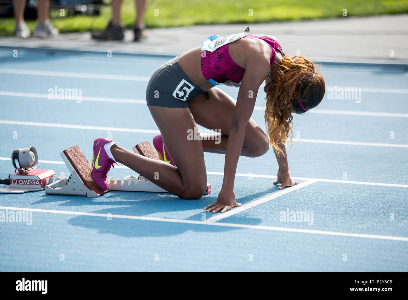 Stephenie Ann McPherson (JAM) im Wettbewerb mit der Frauen 400m bei den 2014 Adidas Leichtathletik Grand Prix. Stockfoto