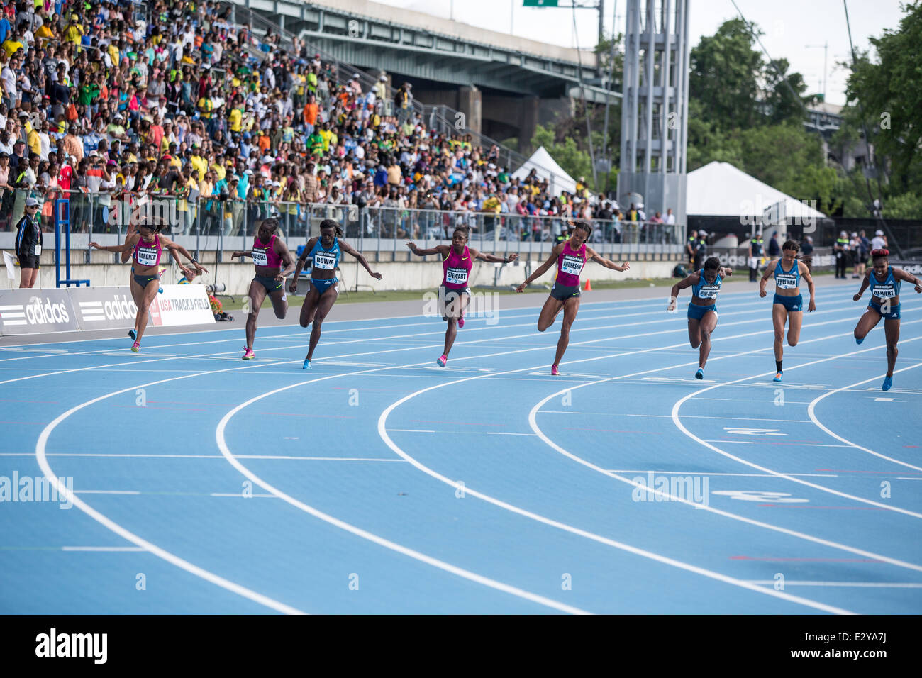 Womens' 100m beim 2014 Adidas Leichtathletik Grand Prix. Stockfoto
