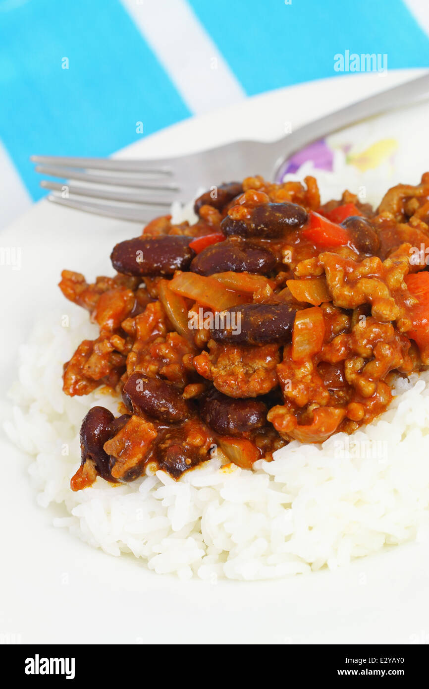 Chili Con Carne mit Reis Stockfoto