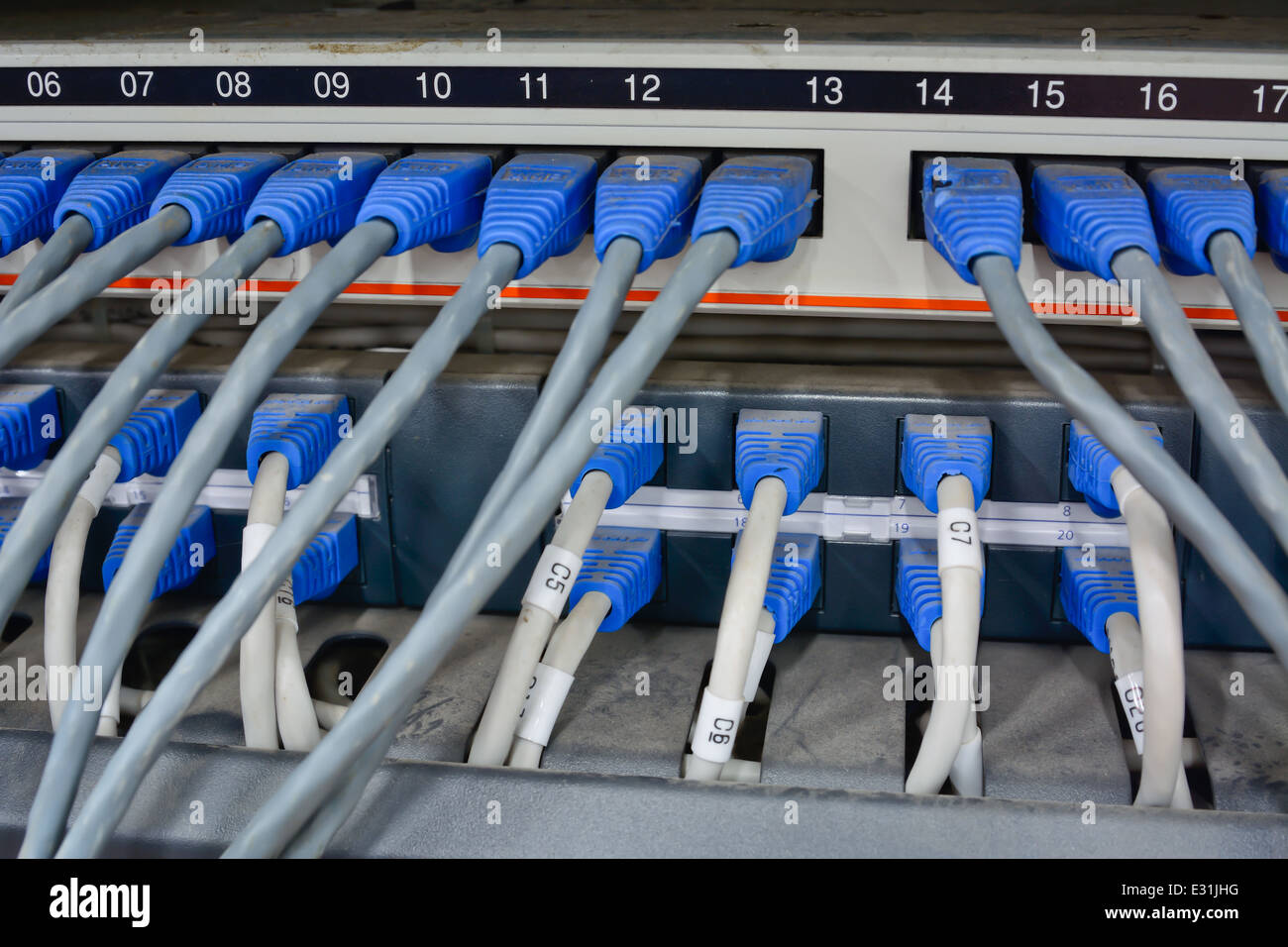 Nahaufnahme von Ethernet-Kabel mit Computer Internetserver mit vielen Staub verbunden; mangelnde Wartung Stockfoto