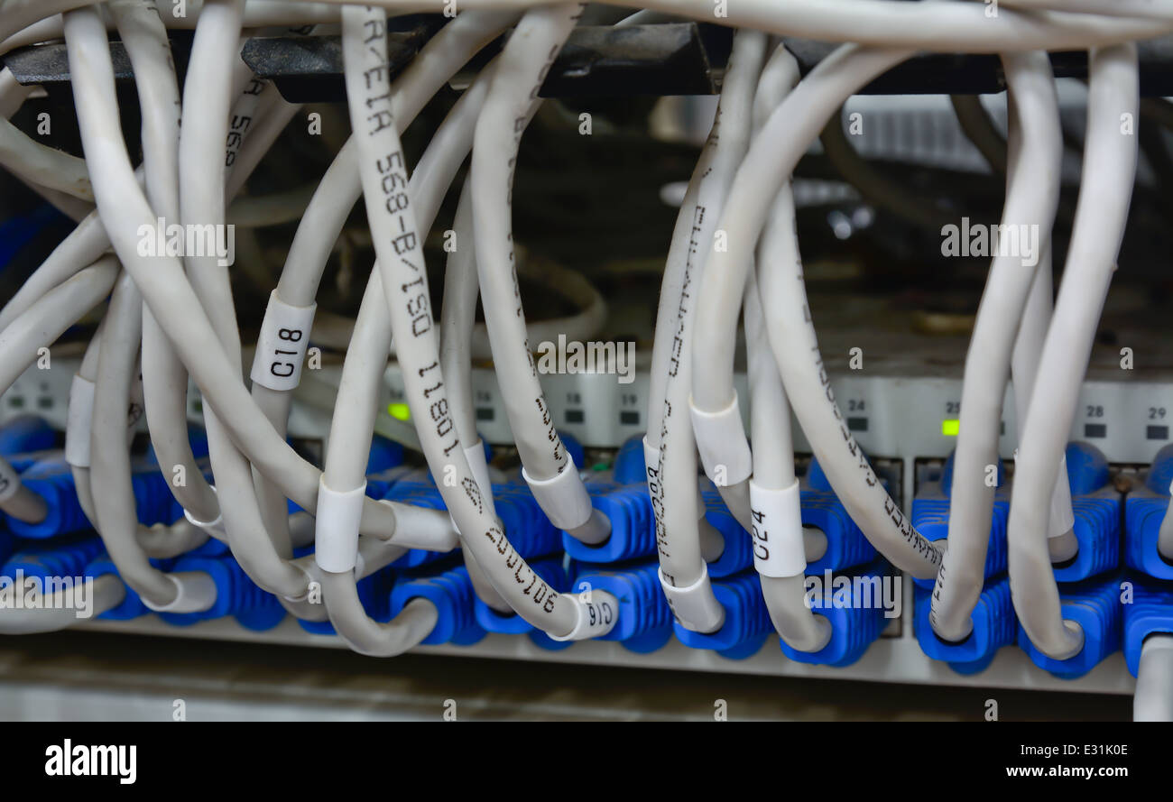 Nahaufnahme des Chaos Muster Ethernet-Kabel mit Computer-Internet-Server verbunden Stockfoto