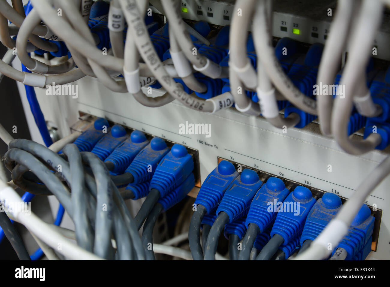 Nahaufnahme von Ethernet-Kabel mit Computer Internetserver mit vielen Staub verbunden; mangelnde Wartung Stockfoto