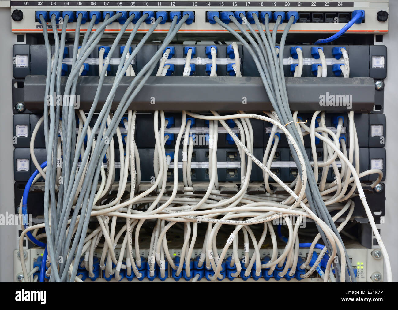 Nahaufnahme von Ethernet-Kabel mit Computer Internetserver mit vielen Staub verbunden; mangelnde Wartung Stockfoto