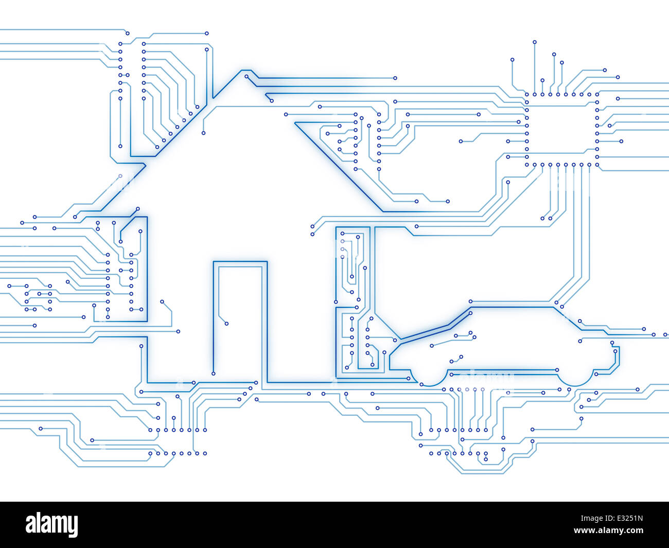 House und Elektro Auto zukünftiger Hausautomation Haustechnik konzeptionelle Darstellung isoliert auf weiss verbunden Stockfoto