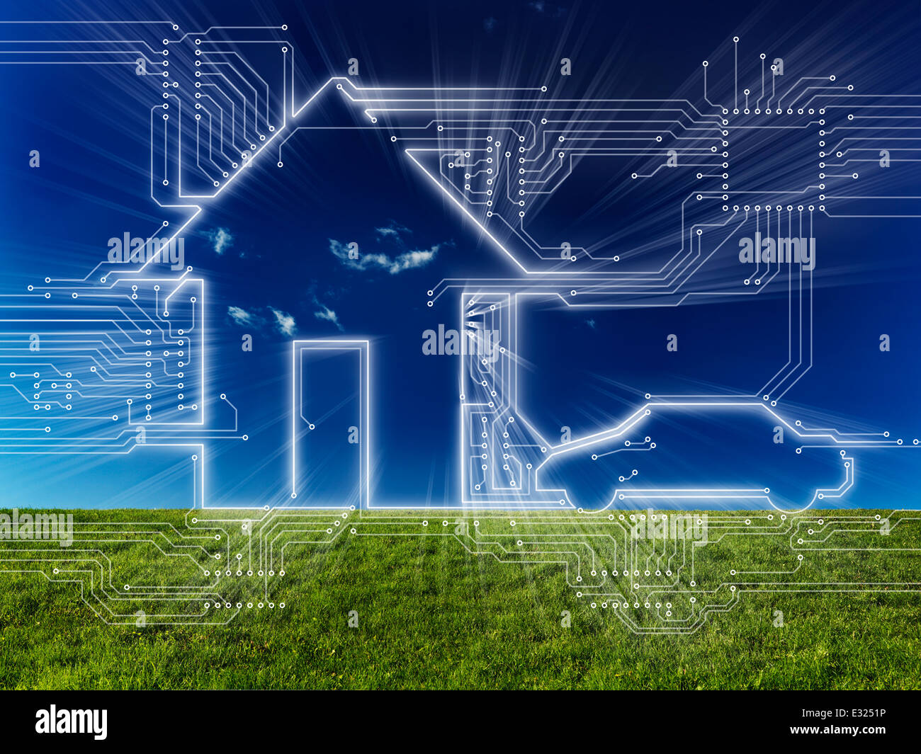 Heim- und elektrische Auto zukünftiger Hausautomation Haustechnik konzeptionelle Darstellung auf Naturlandschaft verbunden Stockfoto