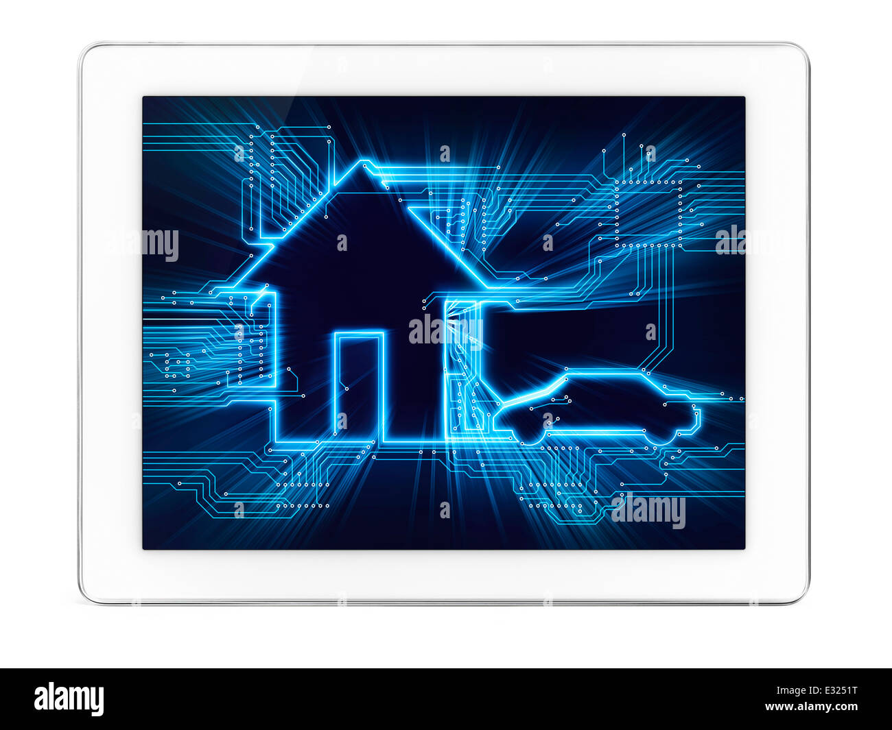 House und Elektro Auto zukünftiger Hausautomation Haustechnik Konzeptdiagramm auf dem Display eines Tablet-Computers angeschlossen Stockfoto