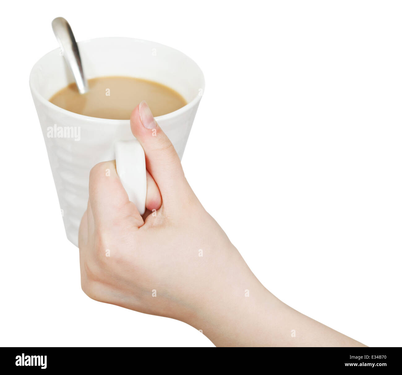 weiße Tasse mit Milch Kaffee in der Hand isoliert auf weißem Hintergrund Stockfoto