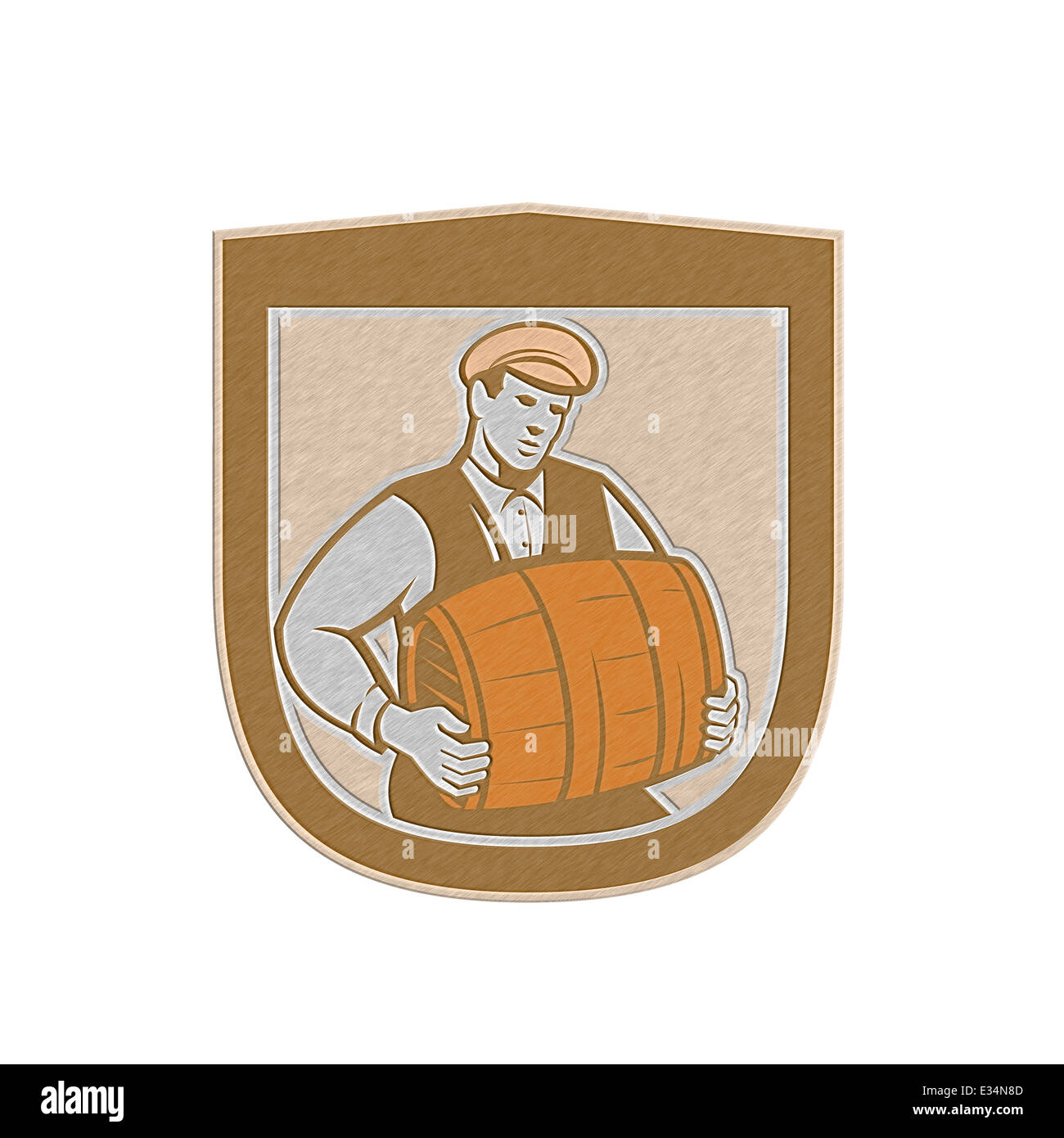 Metallische gestylt Abbildung eines Barkeeper Arbeitnehmers Keg setzen innen Schild Wappen auf isolierten weißen Hintergrund getan im retro-Stil tragen. Stockfoto