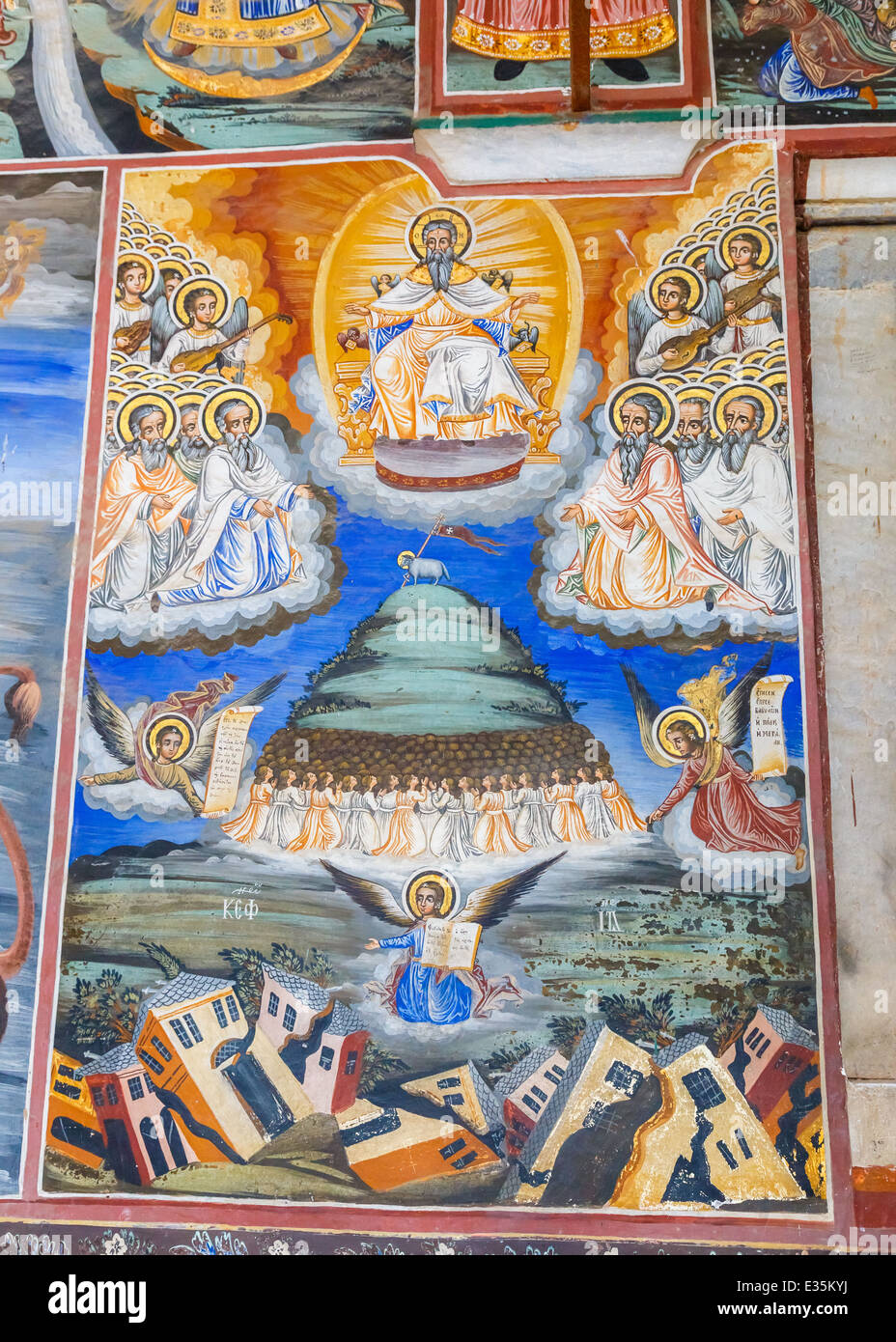 Alte erhaltene gut Fresken auf Wände oder Decken im Kloster des Heiligen Berges Athos in Griechenland Stockfoto