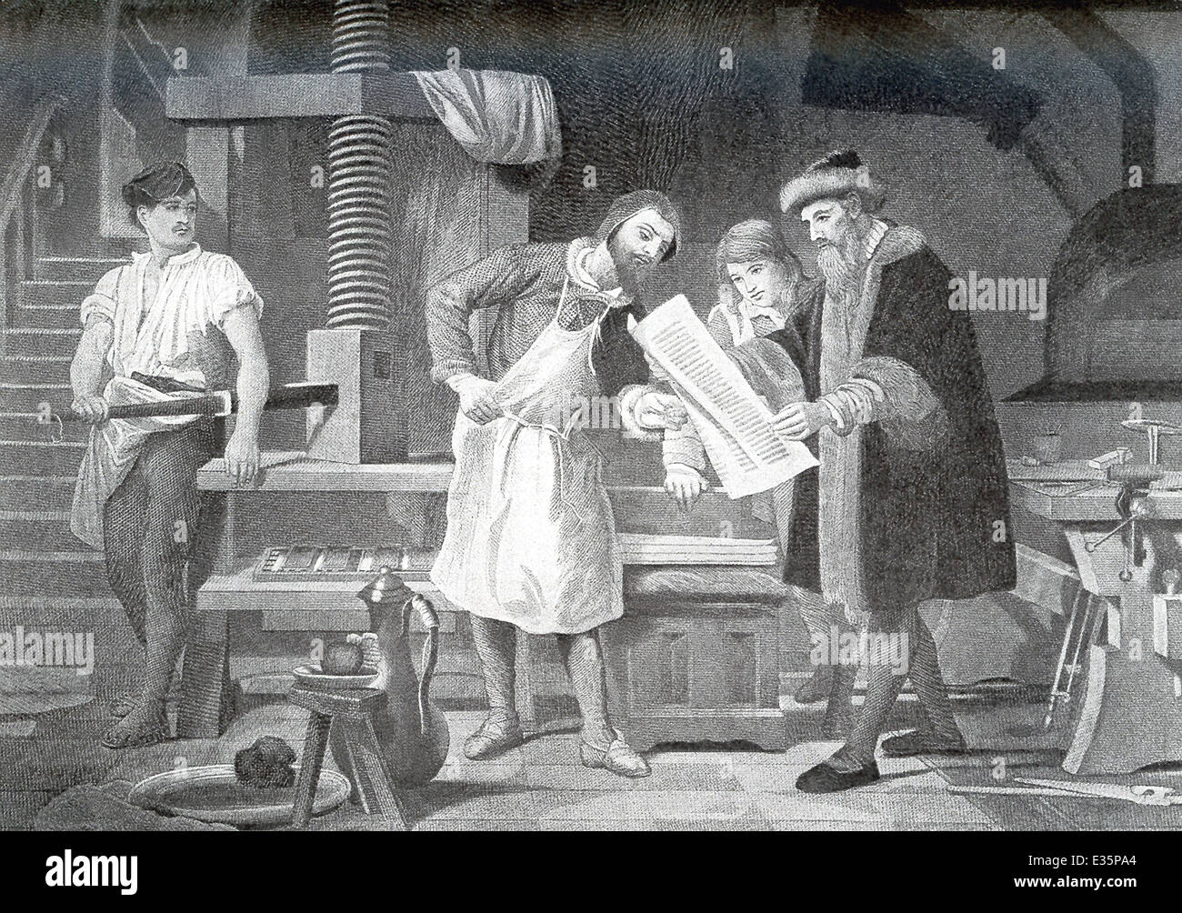 Gutenberg, druckte seine wohlhabenden Geschäftspartner Johann Fust (rechts) und sein Assistent, Peter Schoeffer (auf der Rückseite), mit Seite. Stockfoto