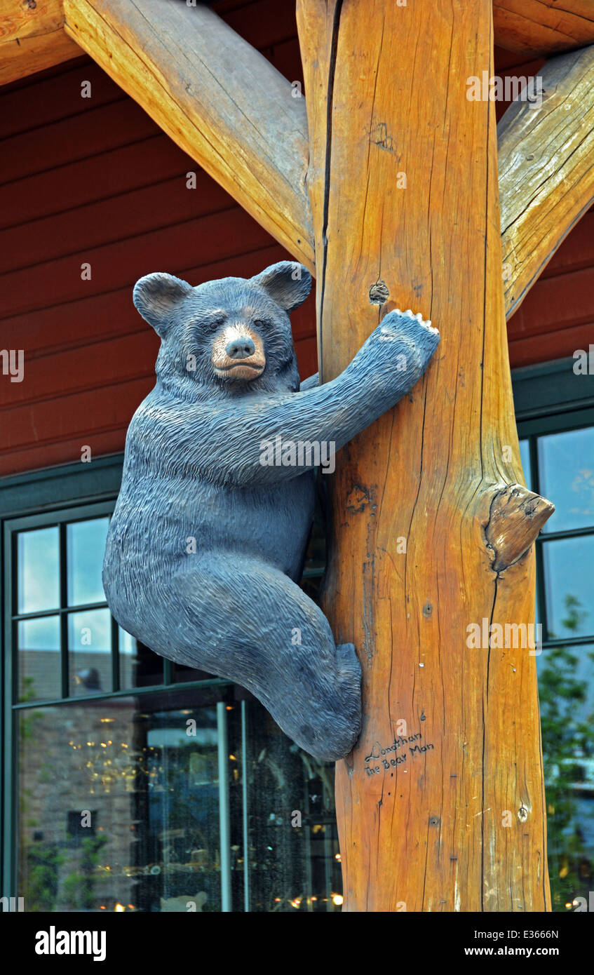 Eine hölzerne Skulptur eines Bären hängt an einem Baum an der Jackson Trading Company in Jackson Hole, Wyoming Stockfoto