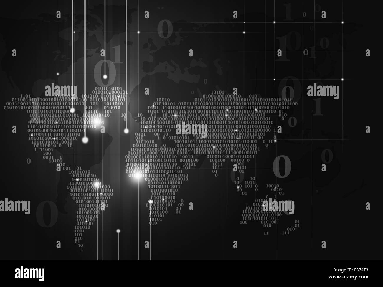 abstrakte Technologie Binärcode Weltkarte auf dunklem Hintergrund Stockfoto