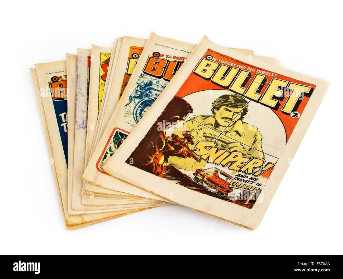Sammlung von 'Bullet' Comics, der populäre britische wöchentliche Comic für Jungen aus den 1970er Jahren mit Secret Agent 'Feuerball' Stockfoto