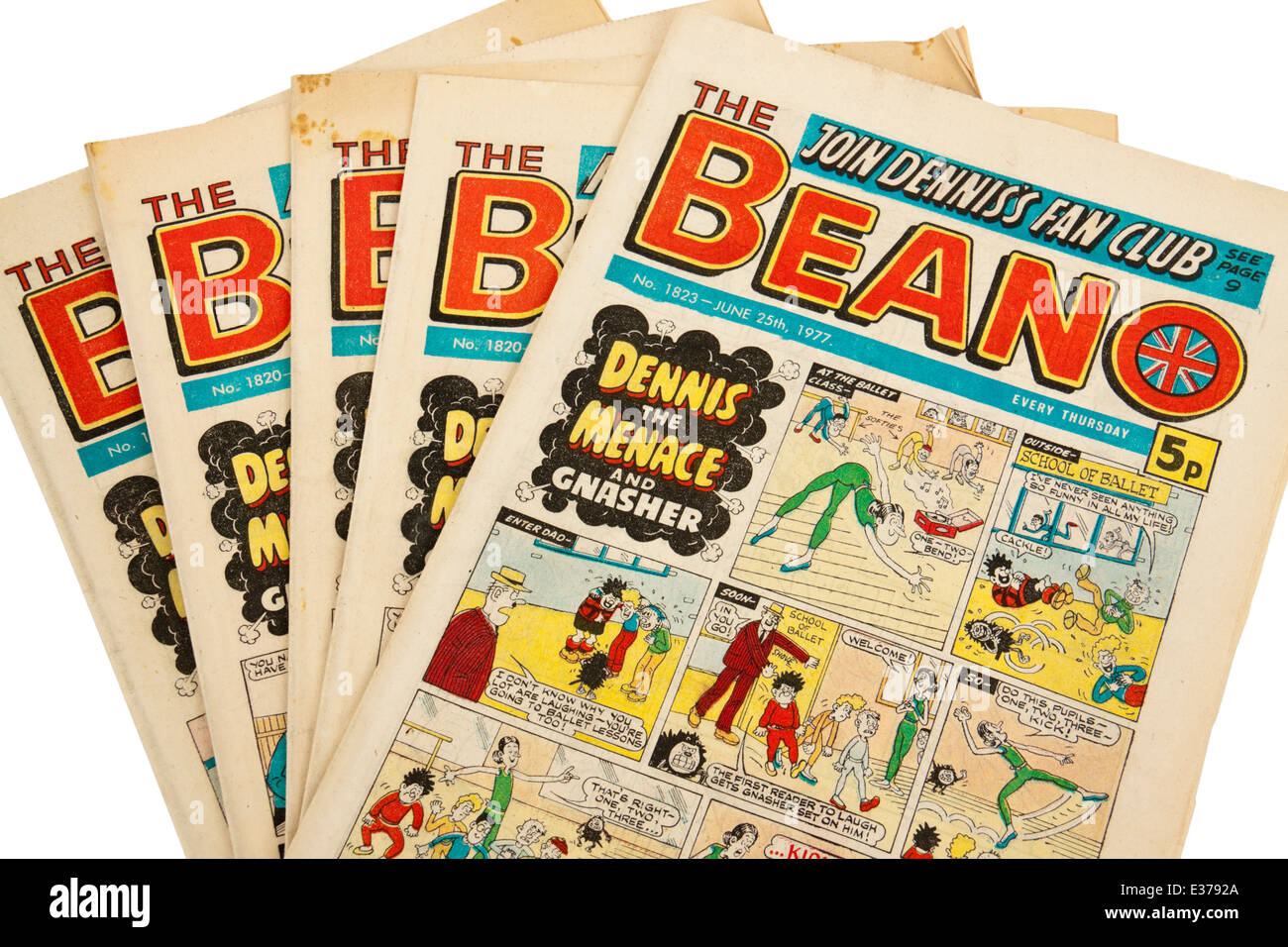 Vintage-Kollektion von "The Beano", der beliebten britischen wöchentliche Comic. Oben gezeigt, ist Nr. 1823 vom 25. Juni 1977. Stockfoto