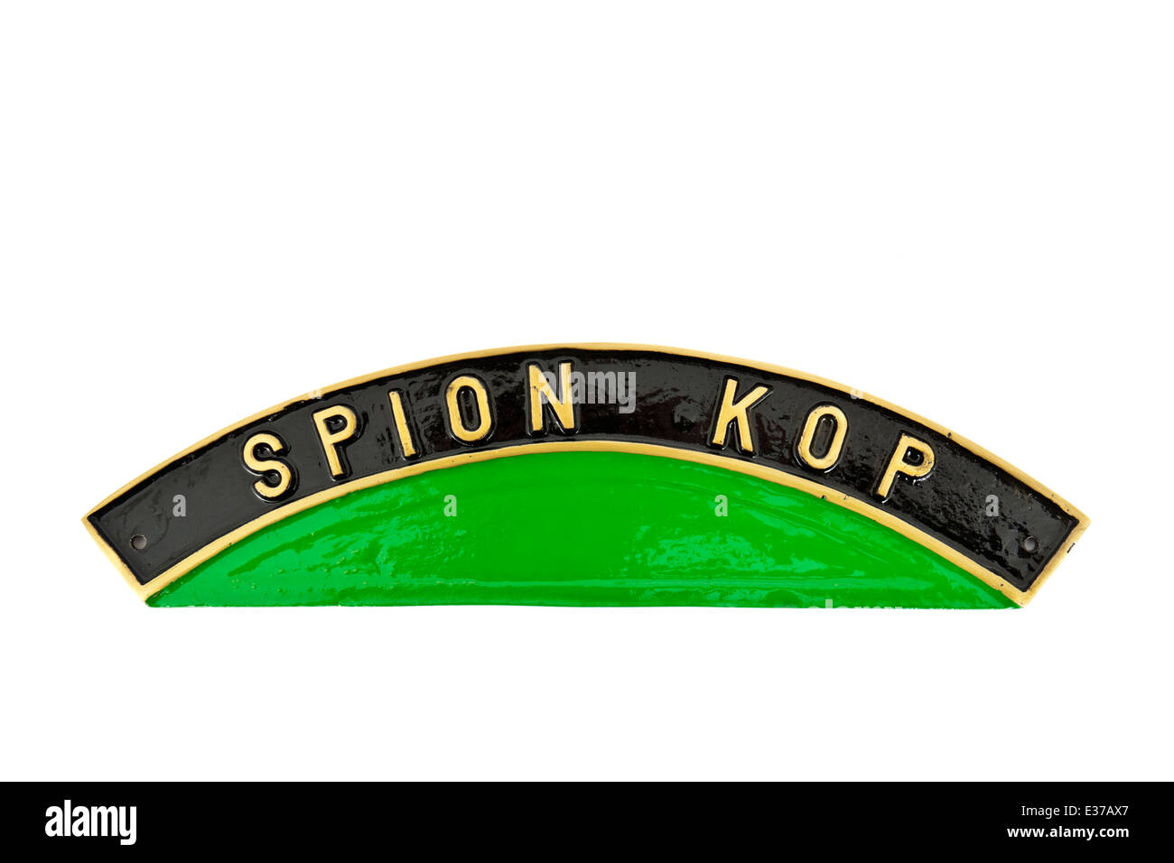 Vintage "Spion Kop" Namensschild aus Dampflokomotive der LNER-Klasse A3. Stockfoto