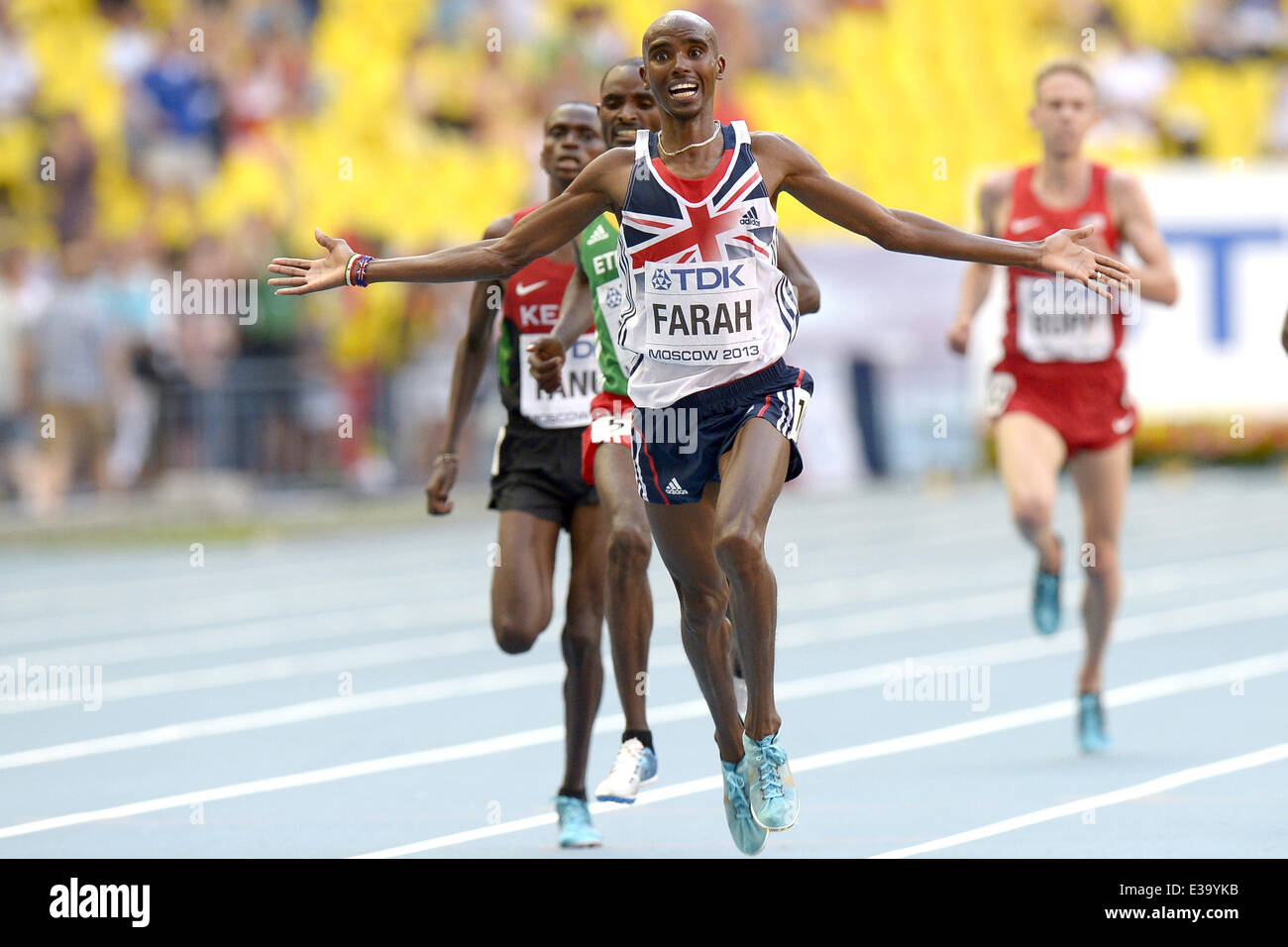 Mo Farah gewinnt die 10.000 m bei den IAAF Weltmeisterschaften mit Moskau: Mo Farah Where: Moskau, Russische Föderation-Wh Stockfoto