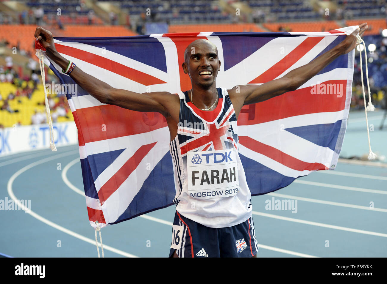 Mo Farah gewinnt die 10.000 m bei den IAAF Weltmeisterschaften mit Moskau: Mo Farah Where: Moskau, Russische Föderation bei: 10. August 2013 Stockfoto